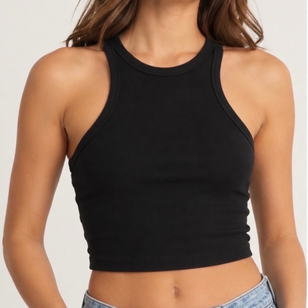 Abercrombie & Fitch Black Soft A&F Rib High-Neck Cropped Tank Top XS